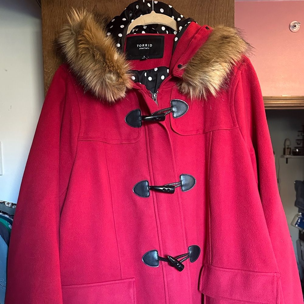 Torrid Red Pea Coat with Faux Fur Hood